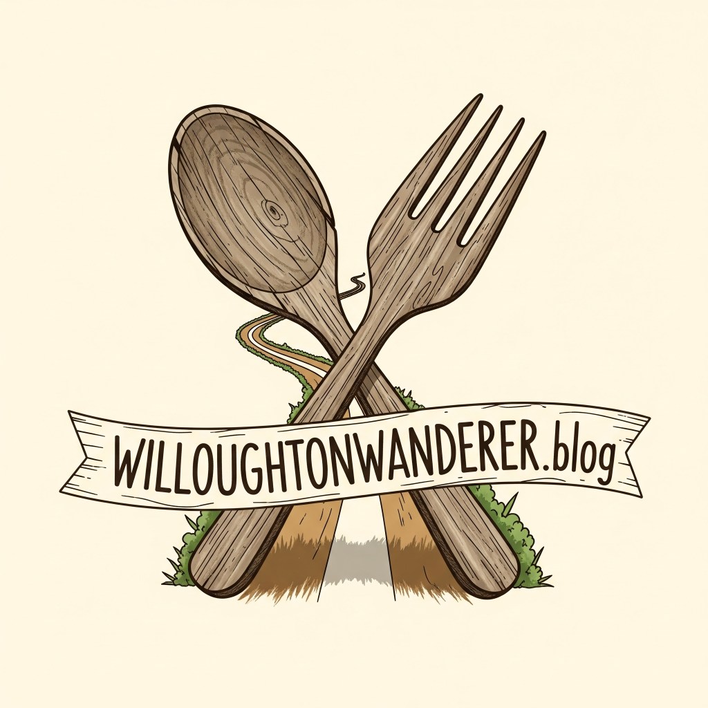 willoughton wanderer logo, rustic fork and spoon, winding road